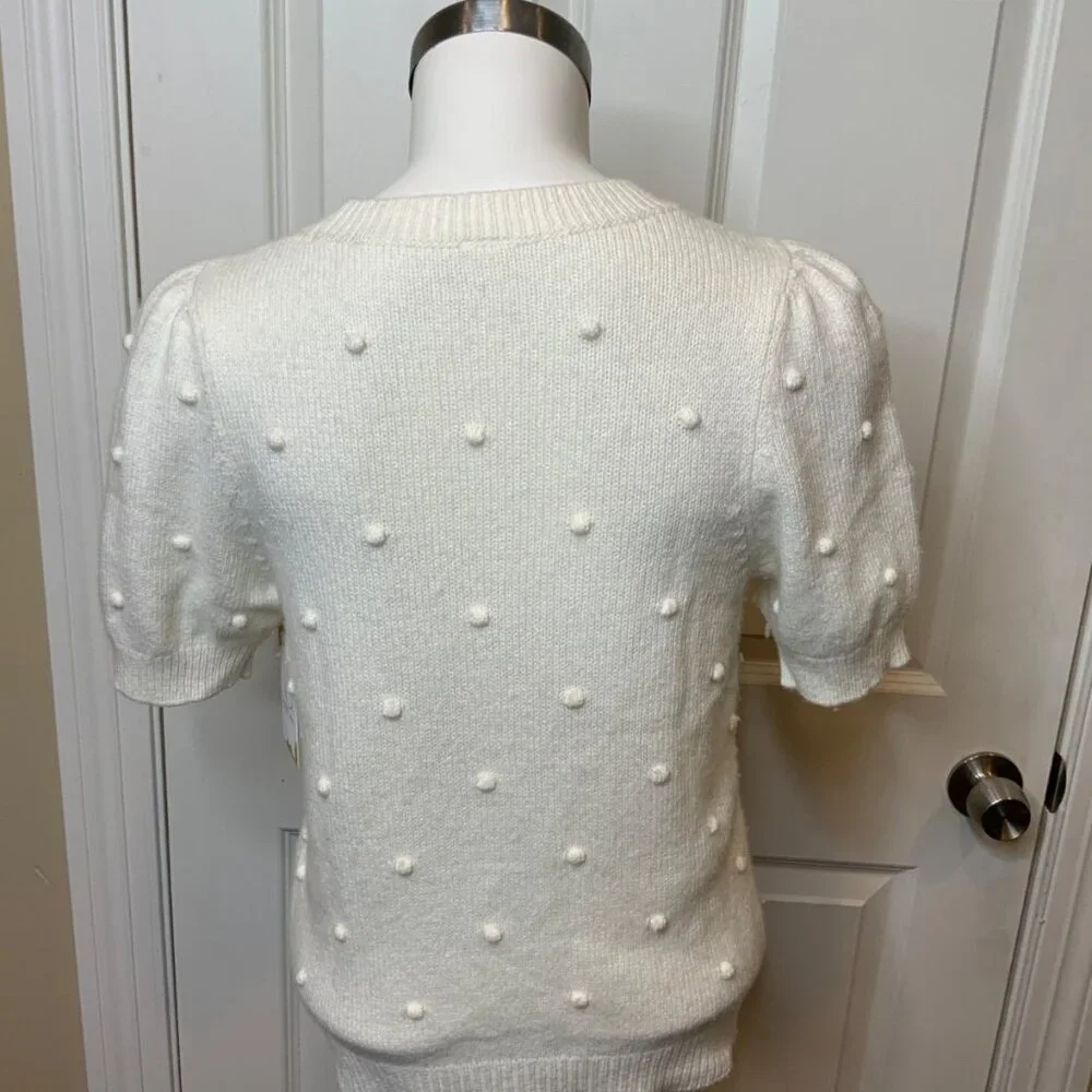 By Anthropologie White Wool Blend Short Sleeve Sweater W/ Pom Pom Nub, Size S - Picture 4 of 5